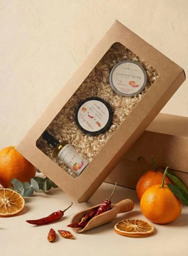 Tangy Tangerine Warming Spa Set – Anti-Cellulite Body Oil, Body Butter, and Scrub with Capsaicin for Skin Firming & Circulation Boost (Set of 3)
