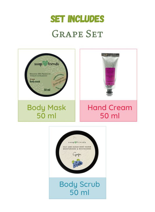Soap&Friends Natural Grape Flavor Skincare Set – Hand Cream, Body Mask & Salt and Sugar Scrub