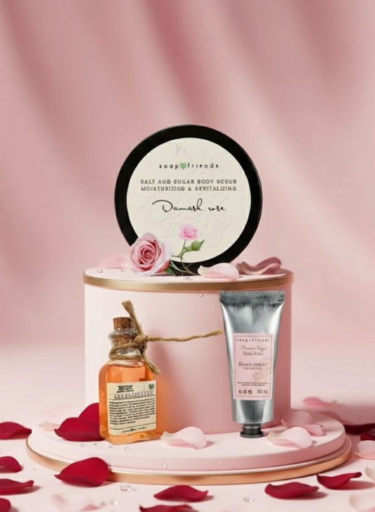 Skincare product set with a bottle, jar, and round container on a pink background with rose petals.