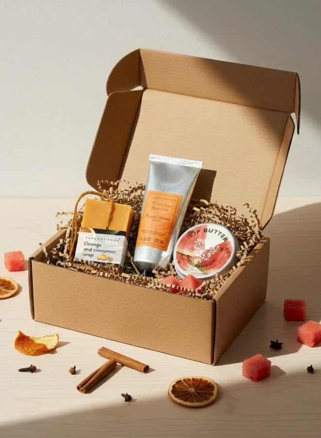 Soap & Friends Natural Skincare Gift Set – Orange Soap Bar 60g, Orange Hand Cream 30ml & Watermelon Lip Balm 15ml