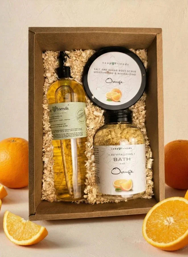 Soap&Friends Natural Orange Skincare Set with Bath Salt Body Scrub and Massage Body Oil for Relaxing Skin Care Routine