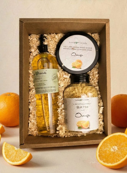 Soap&Friends Natural Orange Skincare Set with Bath Salt Body Scrub and Massage Body Oil for Relaxing Skin Care Routine