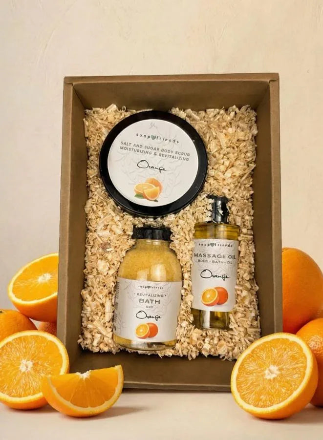 Soap&Friends Natural Orange Skincare Set with Bath Salt Body Scrub and Massage Body Oil