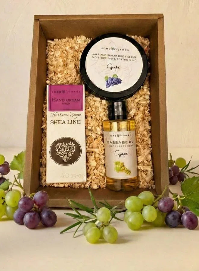 Soap&Friends Natural Grape Skincare Set with Hand Cream Body Scrub and Massage Oil for Nourished Skin