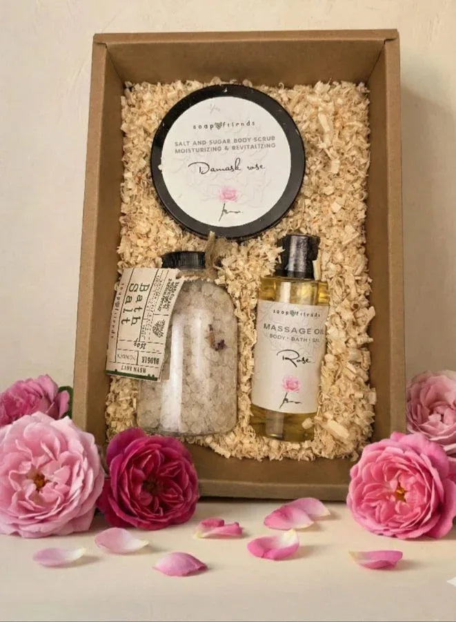 Soap&Friends Natural Rose Skincare Set with Massage Oil Body Scrub and Bath Salt
