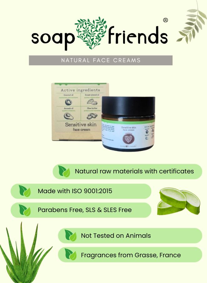 Soap & Friends natural face cream with packaging and aloe vera illustration on a light background