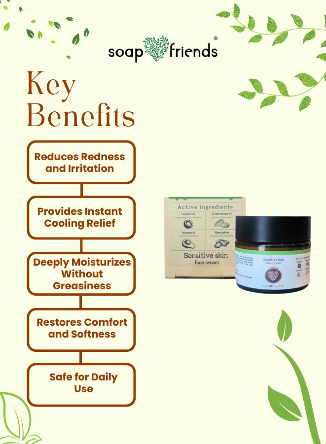 Key benefits of a skincare product with 'soap & friends' branding on a green background.
