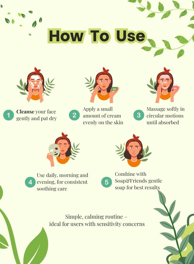 Step-by-step guide on how to use soap&friends face cream with cartoon illustrations and text.