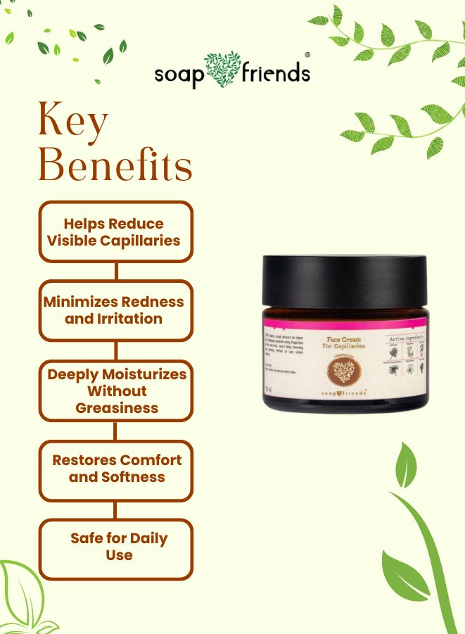 Product packaging with key benefits listed on a white background with green leaves.