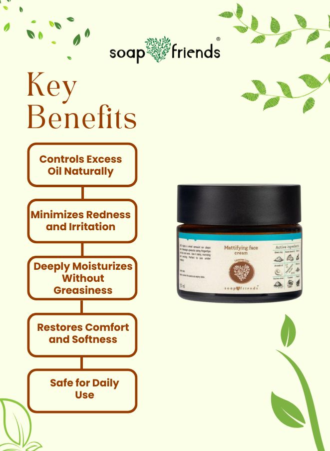 Jar of cream with key benefits listed on a green leafy background, featuring the brand 'soap & friends'.