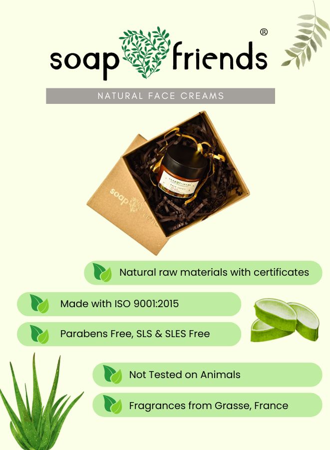 soap&friends natural face creams with a jar and box on a light green background.