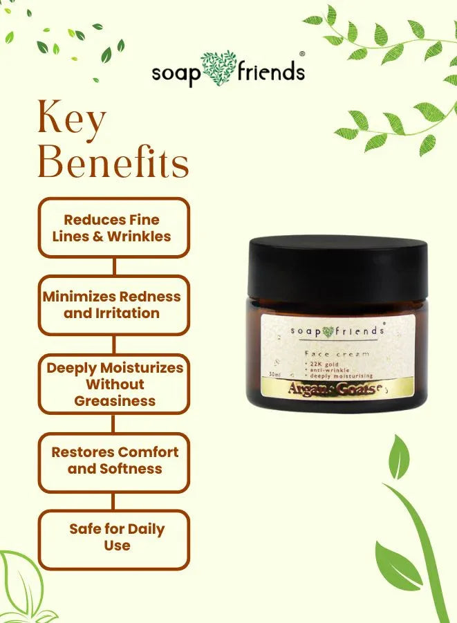 Soap & Friends face cream jar with key benefits listed on a green background