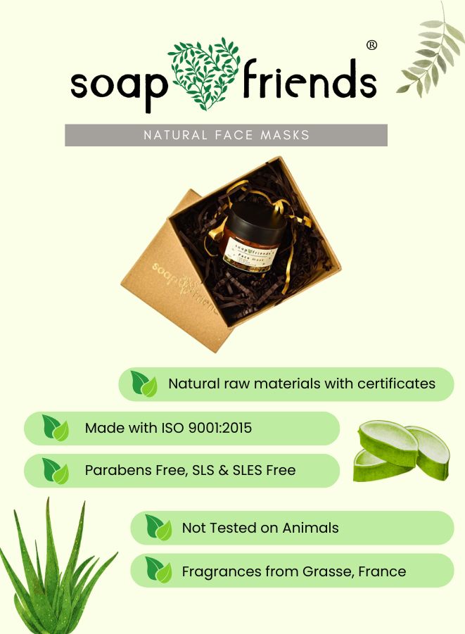 Soap & Friends natural face masks packaging with aloe vera illustration and product details.
