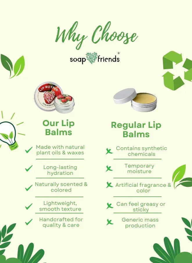 Comparison chart of soap & friends lip balms with 'soap friends' branding.