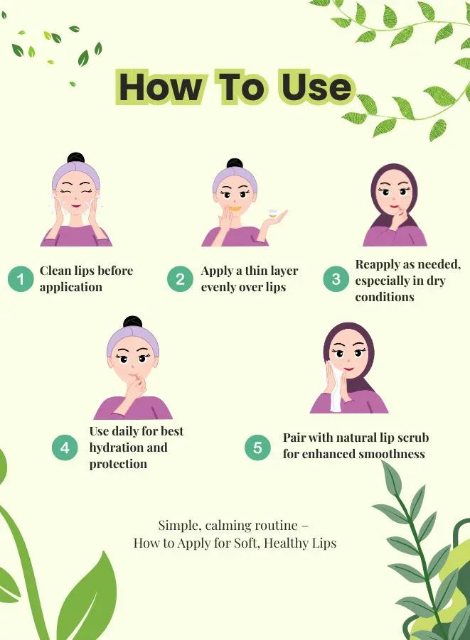 Step-by-step guide on how to use a lip care product with illustrations and text.