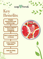 Lip butter container with key benefits listed on a beige background with green leaves.