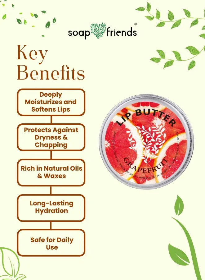 Lip butter container with key benefits listed on a beige background with green leaves.