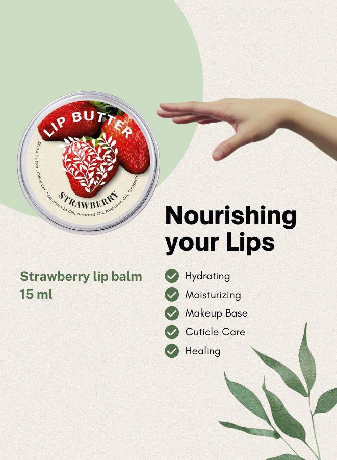 Strawberry Flavour Lip Balm with Organic Shea, Coconut, and Cocoa Butter for Silky Smooth Lips, 15ml