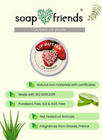 soap & friends strawberry lip butter with product image and certification details on a light green background.