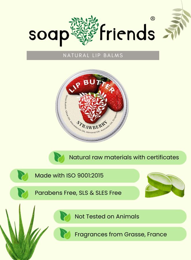 soap & friends strawberry lip butter with product image and certification details on a light green background.