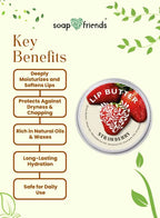 Lip butter container with strawberry design on a green background, featuring Soap & Friends branding.