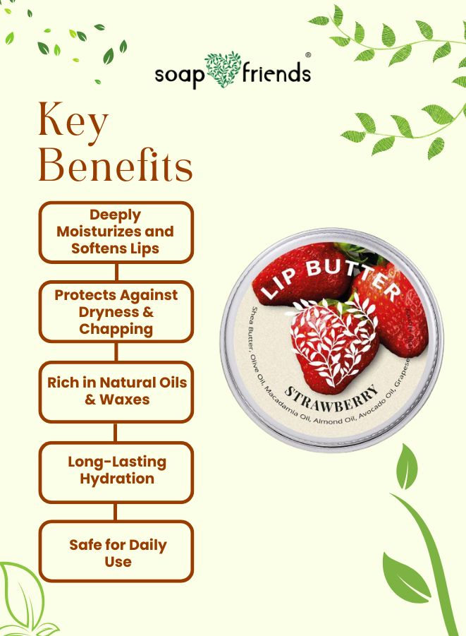 Lip butter container with strawberry design on a green background, featuring Soap & Friends branding.