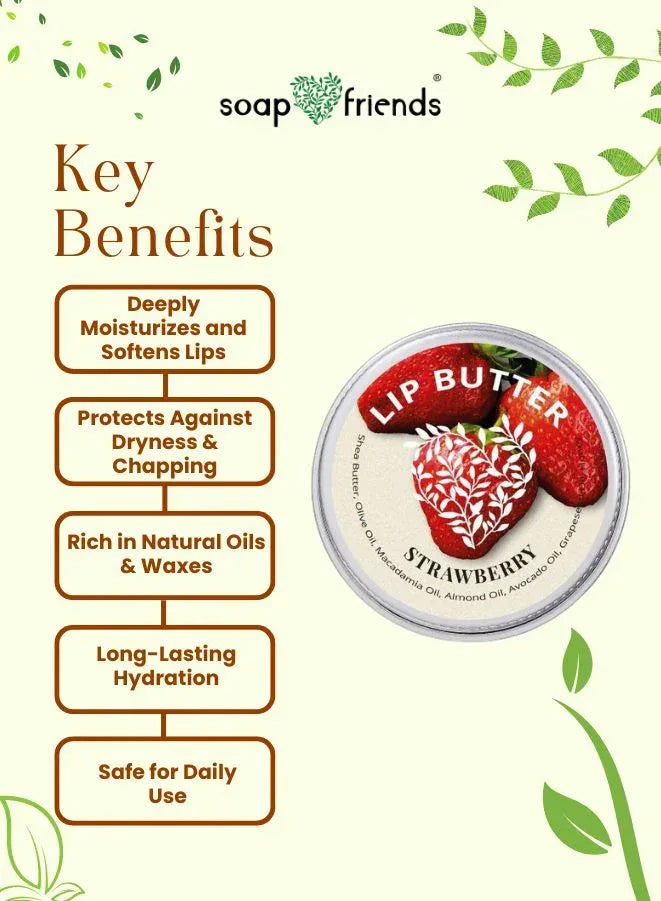 Lip butter container with strawberry design on a green background, featuring Soap & Friends branding.