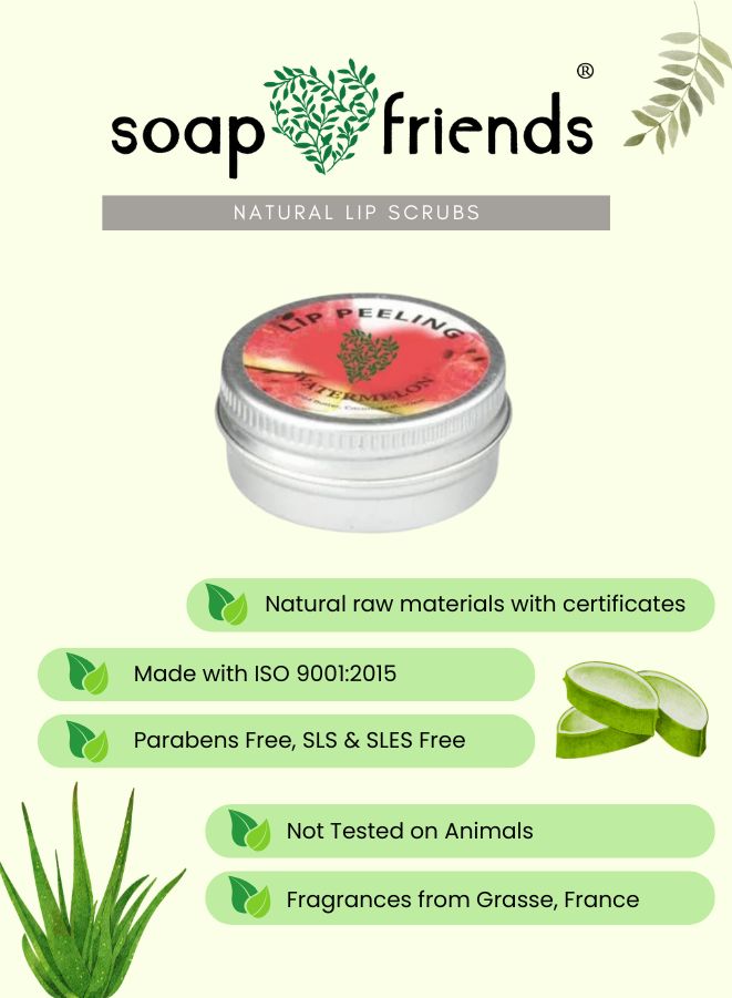 Soap & Friends lip scrub packaging with product and brand details on a light green background