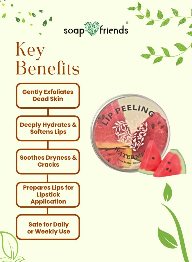 Lip peeling product with key benefits listed on a green leafy background, featuring the brand 'soap & friends'.