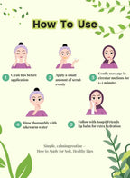 Step-by-step guide on how to use a soap&friends lip scrub with illustrations and text.