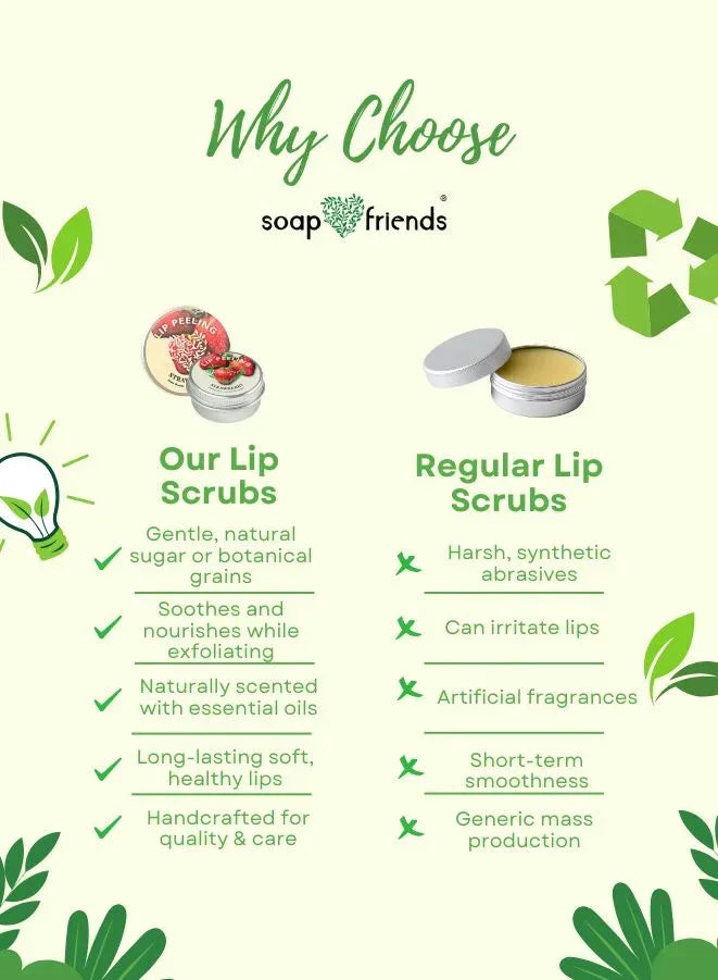 Comparison chart between soap & Friends lip scrubs and regular lip scrubs, with 'soap & friends' branding.