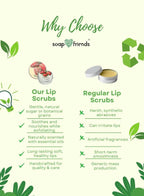 Comparison chart between soap & Friends lip scrubs and regular lip scrubs, with 'soap & friends' branding.