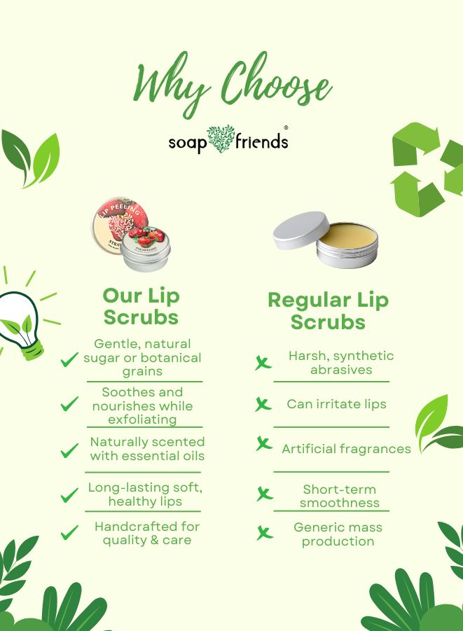 Comparison chart between soap & Friends lip scrubs and regular lip scrubs, with 'soap & friends' branding.