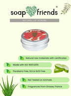 Soap and Friends natural lip scrub with product and brand details on a light green background