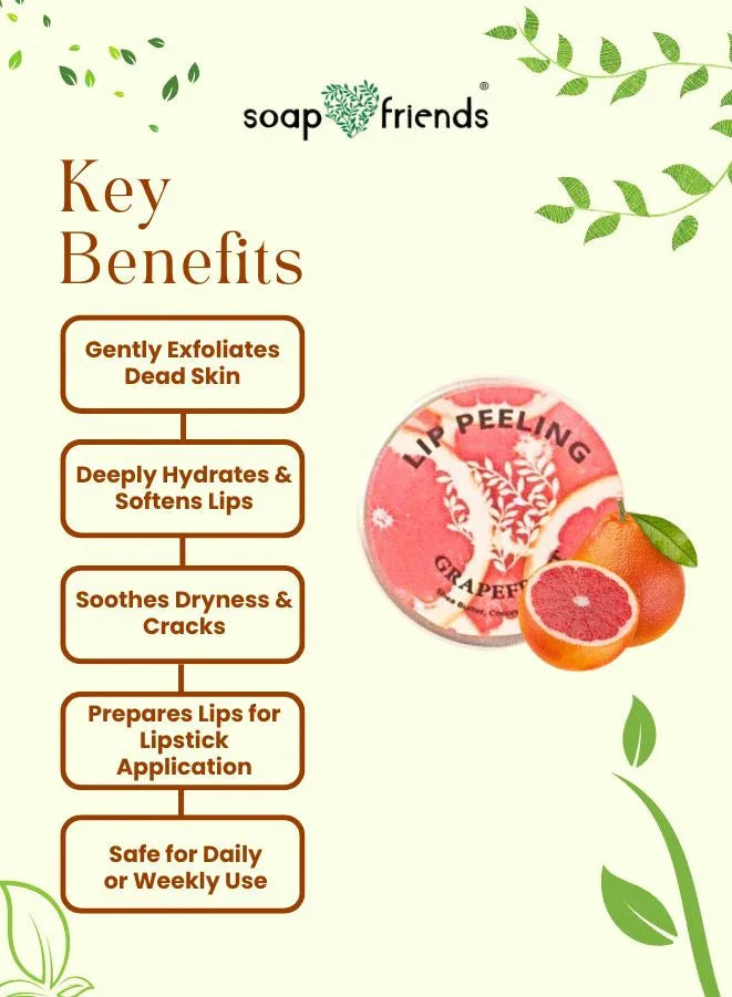 Key benefits of a lip scrub product with a list and an image of the product on a green leafy background.