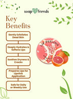 Key benefits of a lip scrub product with a list and an image of the product on a green leafy background.