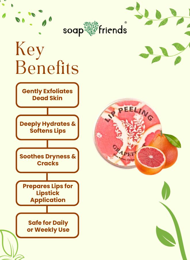 Key benefits of a lip scrub product with a list and an image of the product on a green leafy background.