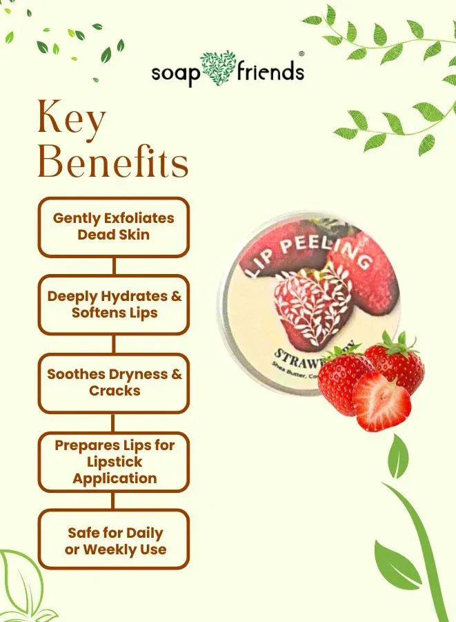 Key benefits of a strawberry-flavored lip peeling product by Soap & Friends on a green background with green leaves.