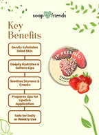 Key benefits of a strawberry-flavored lip peeling product by Soap & Friends on a green background with green leaves.