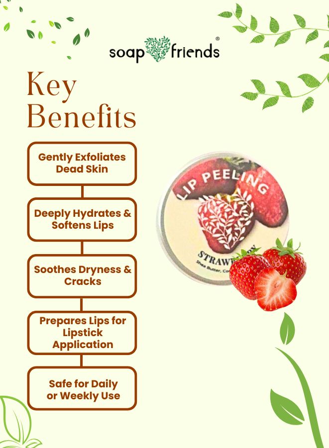 Key benefits of a strawberry-flavored lip peeling product by Soap & Friends on a green background with green leaves.