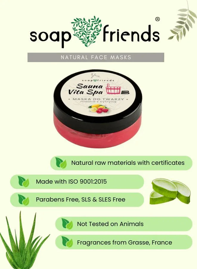 Soap & Friends natural face mask with product details on a light green background