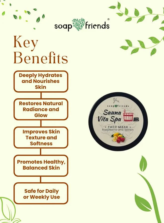 Key benefits of a product by Soap & Friends with a face mask container on a green background.