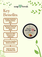 Key benefits of a product by Soap & Friends with a face mask container on a green background.