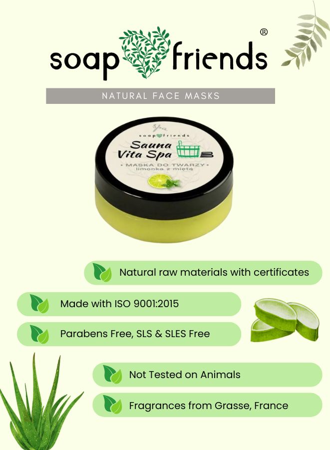 Soap & Friends natural face mask with product and brand details on a light green background
