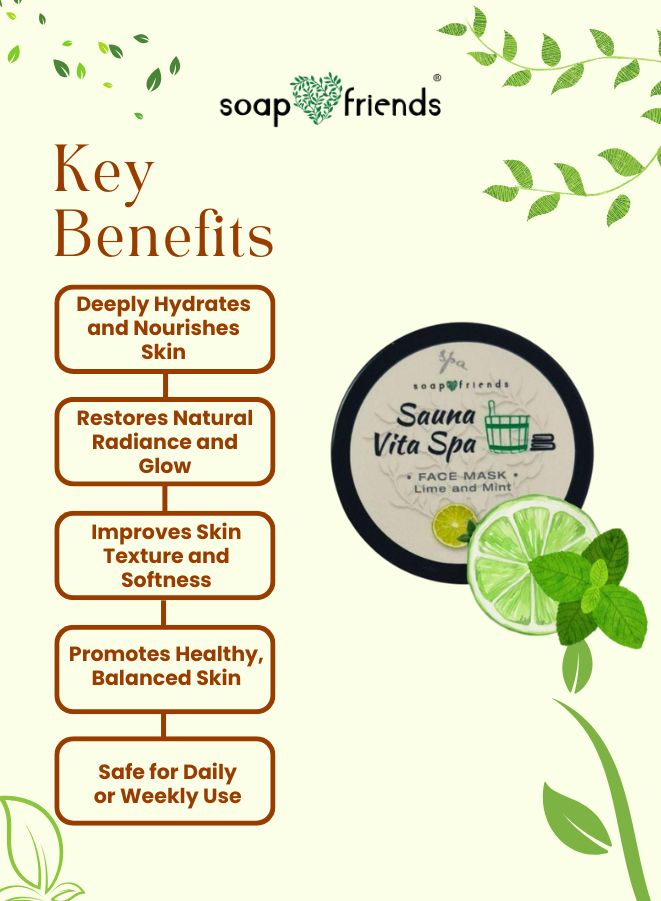 Key benefits of a skincare product with a 'Soap & Friends' logo and product image on a green background.