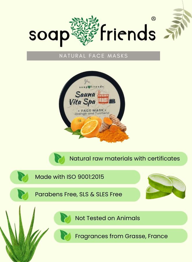 Soap & Friends natural face mask with ingredients and product details on a light green background