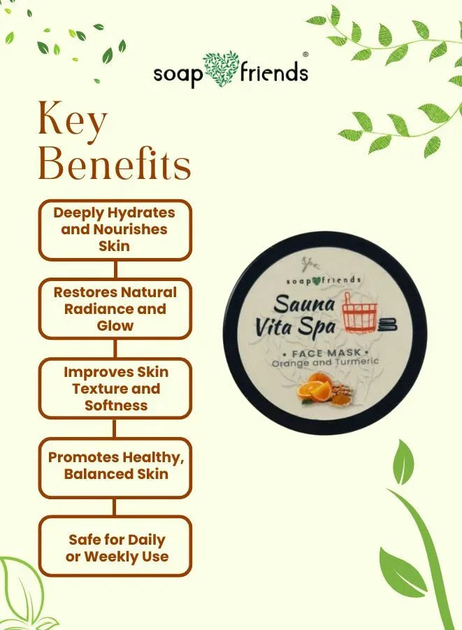 Soap & Friends Sauna Vita Spa Face Mask with key benefits listed on a green leafy background