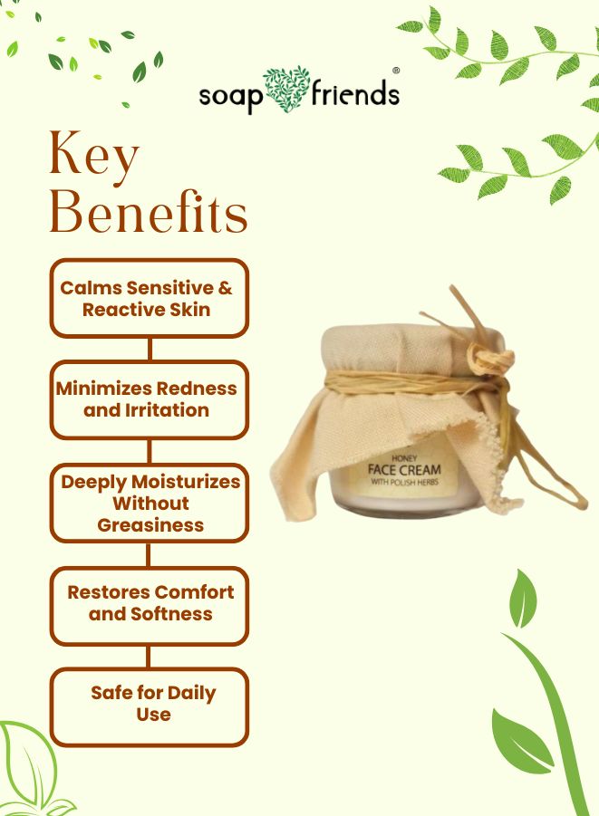 Soap & Friends face cream jar with key benefits listed on a light green background