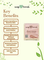 soap & friends Face Cream with key benefits listed on a light green background.