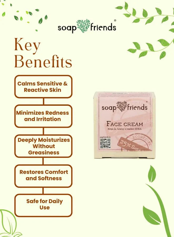 soap & friends Face Cream with key benefits listed on a light green background.